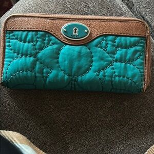 Fossil Vintage Quilted Teal Key-Per Zippered Wallet